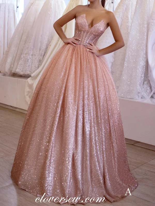 Rose Pink Sequin Strapless Ball Gown Sparkly Prom Dresses ,CP0198