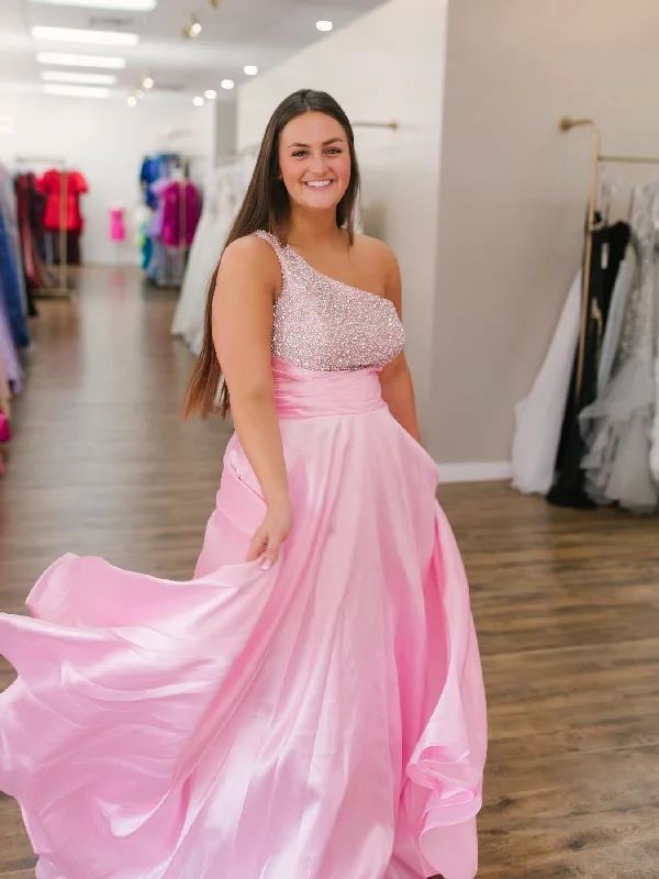 A-Line One Shoulder Pink Long Prom Dress Beaded Formal Gowns #kop136