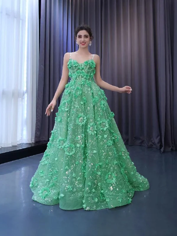 Chic Gorgeous Green Ball Gown Formal Gown Beaded Prom Dress Elegant 3D Floral Evening Dress #RSM231067