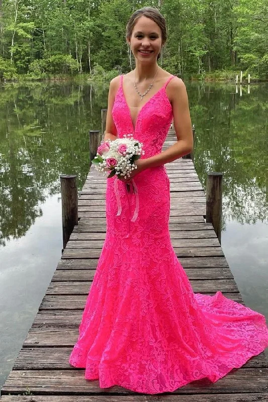 Trumpet Hot Pink Lace Open Back Long Prom Dress