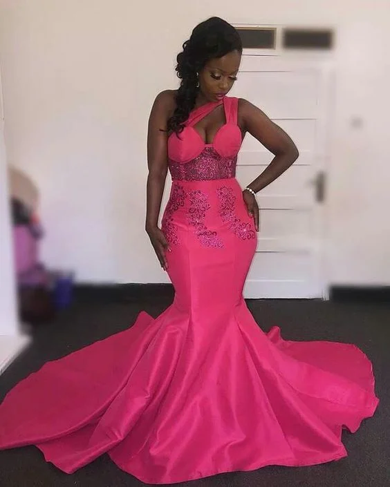 Hot Pink Fuchsia Mermaid African Girl Black Girl Prom Dresses One Shoulder Appliques Evening Formal Gowns cg21147 Hot Pink Fuchsia Mermaid African Girl Black Girl Prom Dresses One Shoulder Appliques Evening Formal Gowns cg21147