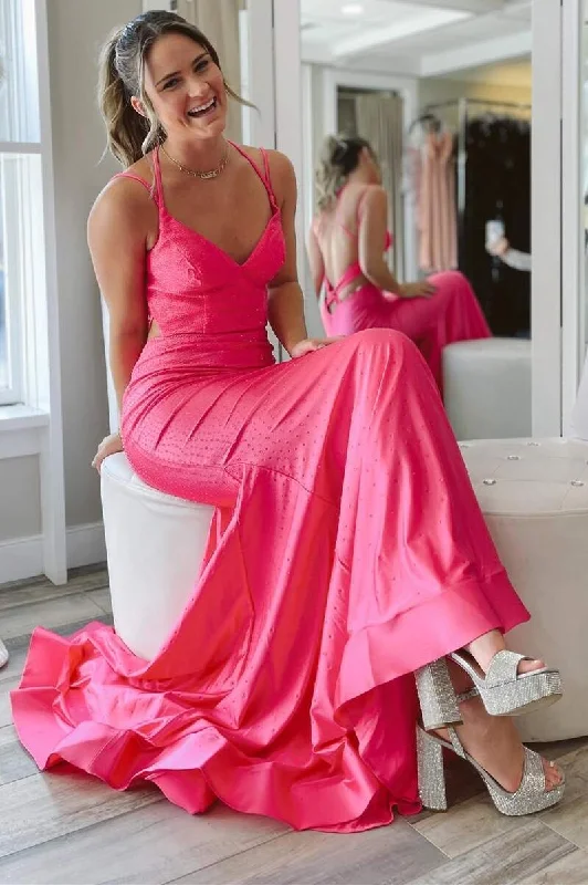 Hot Pink Double Straps Backless Trumpet Long Formal Dress
