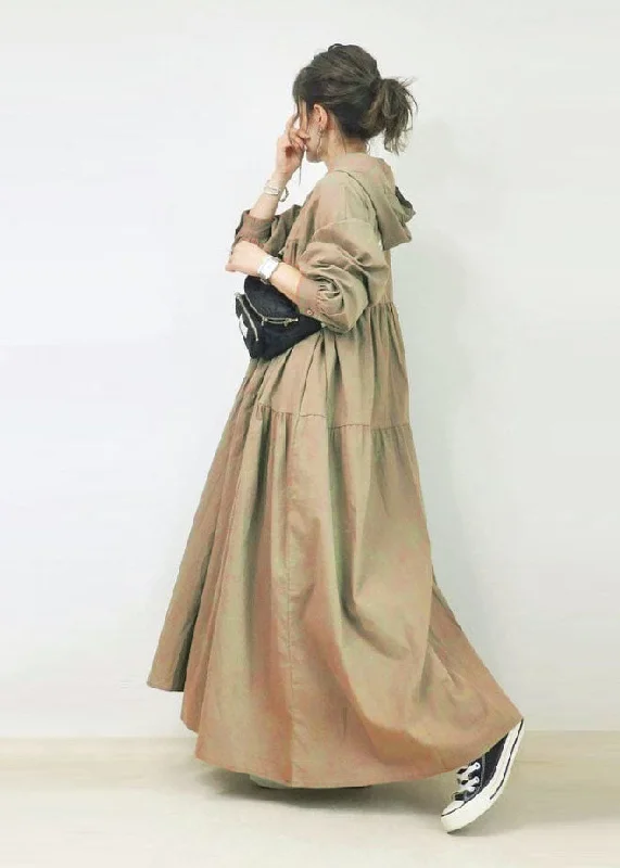 French Khaki Hooded Oversized Wrinkled Cotton Long Dresses Spring