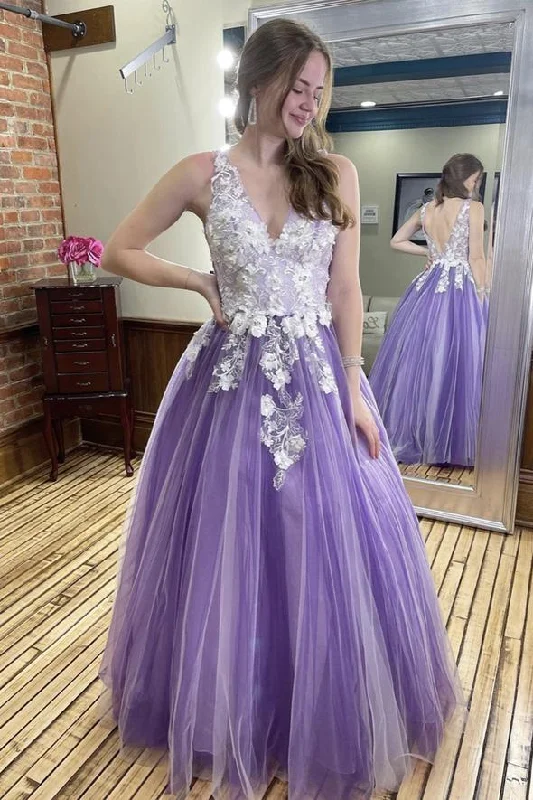 Purple v neck lace long A line prom dress evening dress    cg21031