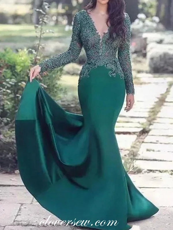 Hunter Green Lace Long Sleeves Mermaid Prom Dresses,CP0176