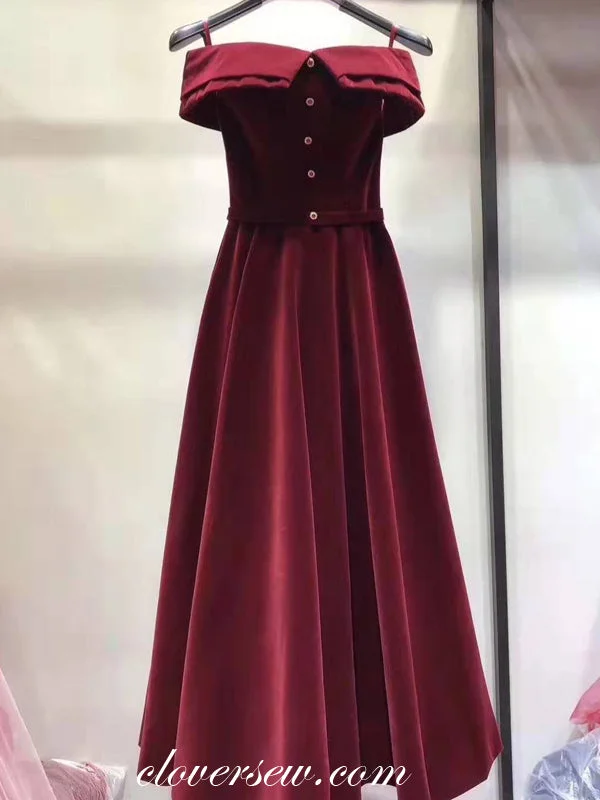Vintage Burgundy Velvet Off The Shoulder A-line Prom Dresses,CP0165