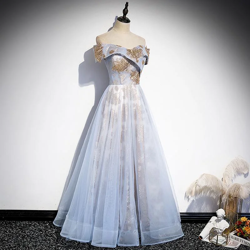Light Blue Tulle With Gold Sequins Off Shoulder Prom Dress    cg21075