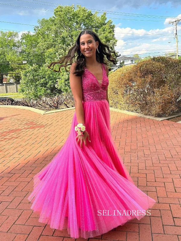 A-line V neck Pink Long Prom Dresses With Beaded Formal Dresses TKL0153
