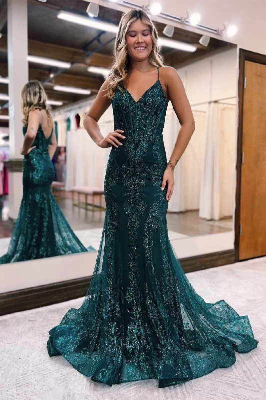 Glitter Magenta Appliques V-Neck Mermaid Long Prom Dress