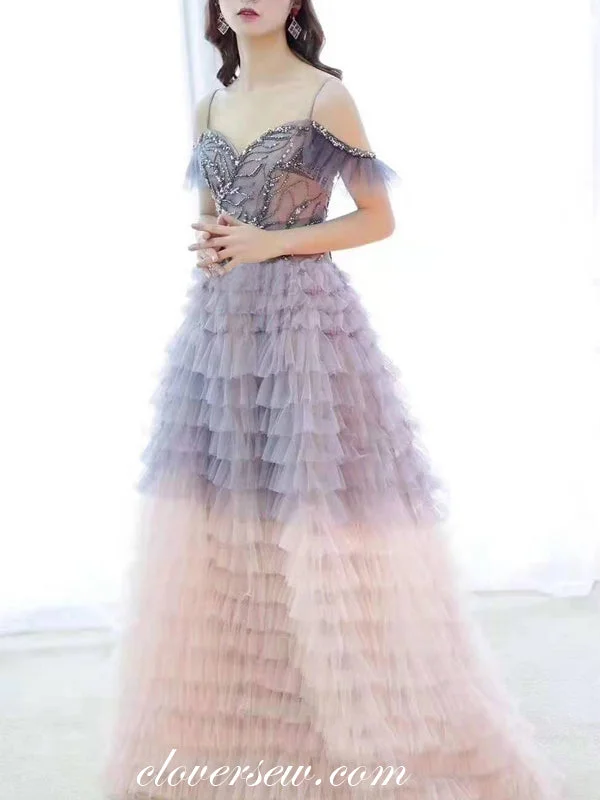 Gradient Ruffles Tulle Off The Shoulder A-line Prom Dresses ,CP0166