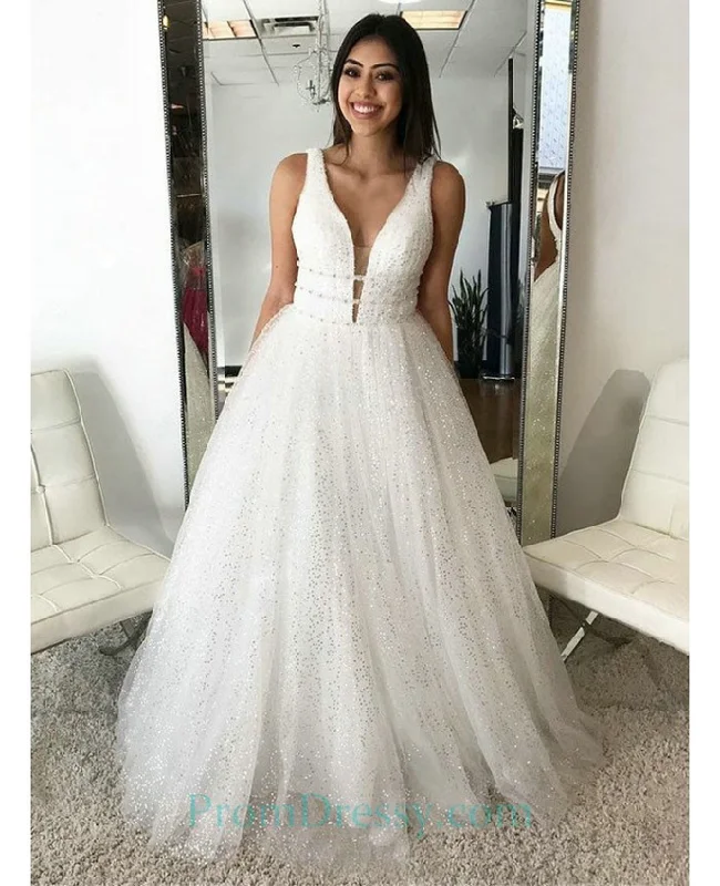 A line Straps White Sequined Prom Dress   cg20694