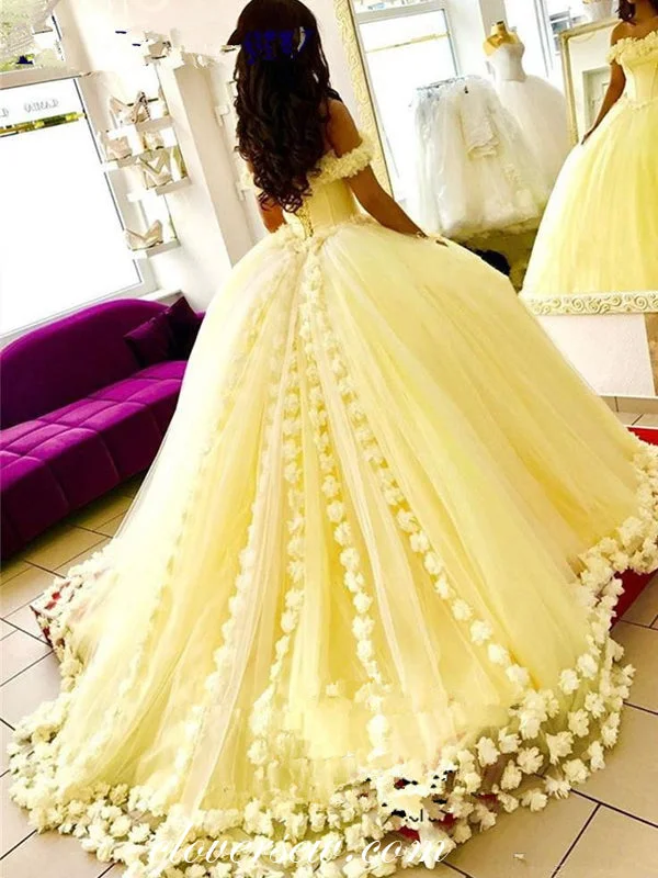 Pastel Yellow Tulle Handmade Flowers Off The Shoulder Ball Gown Prom Dresses, CP0156