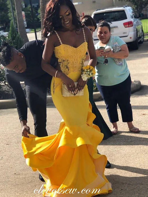 Yellow Spaghetti Strap Ruffle Mermaid Prom Dresses,CP0157
