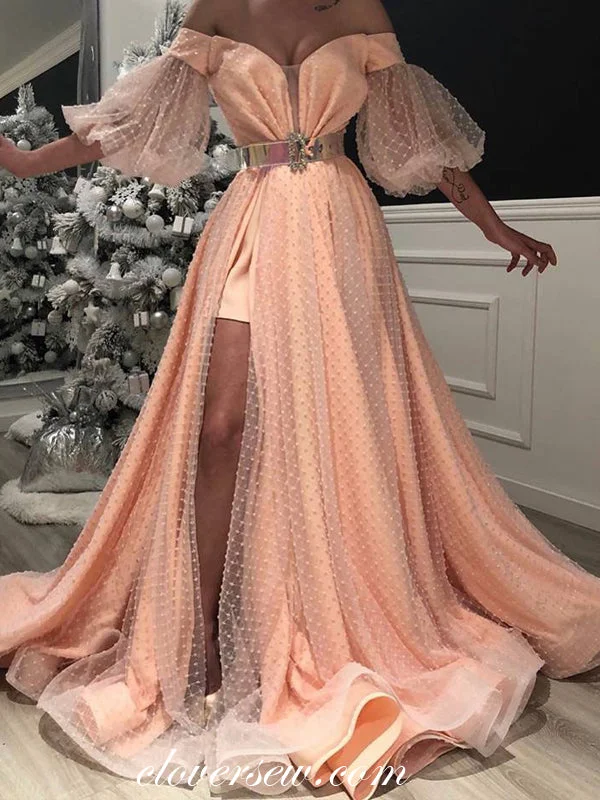 Peach Tulle Off The Shoulder Lantern Sleeves A-line Prom Dresses,CP0153