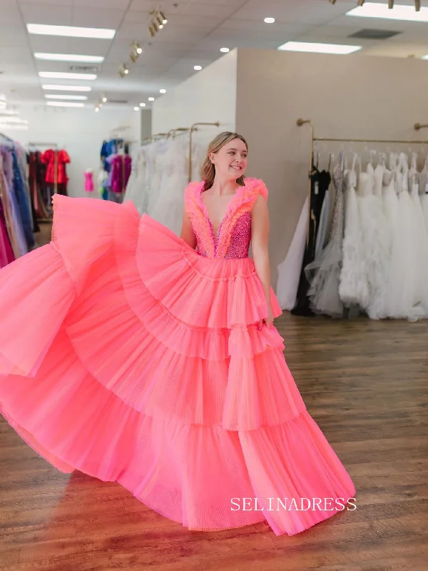 A-line V neck Beaded Long Prom Dresses Ruffles Formal Dresses TKL0147
