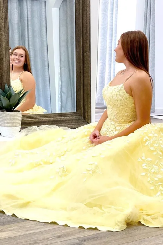 princess A-line yellow lace appliques long prom dress ball gown     cg20911