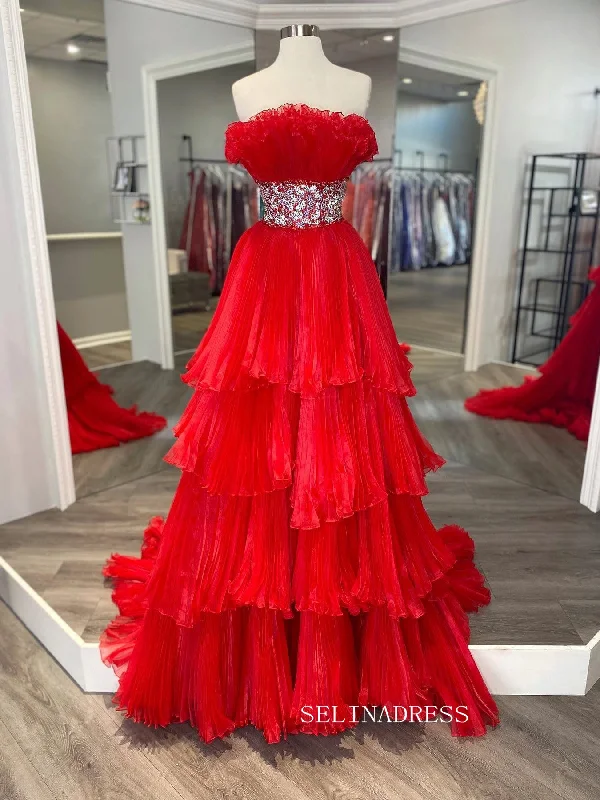 A-line Stapless Elegant Red Long Prom Dresses Ruffles Evening Gowns Formal Dresses TKS003 A-line Stapless Elegant Red Long Prom Dresses Ruffles Evening Gowns Formal Dresses TKS003