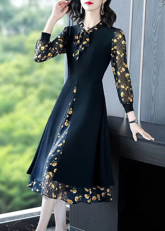 Black Print Chiffon Fake Two Piece Dress Lace Up Side Open Spring