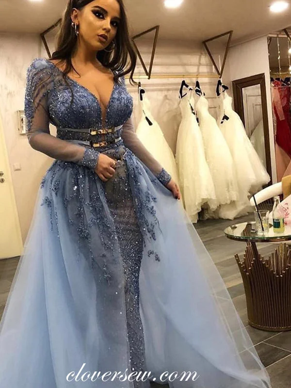 Gorgeous Blue Tulle Bead Applique Long Sleeves Sheath Formal Dresses, CP0179