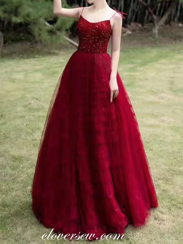 Dark Red Shiny Top Ruffles Tulle Spaghetti Strap A-line Prom Dresses,CP0160