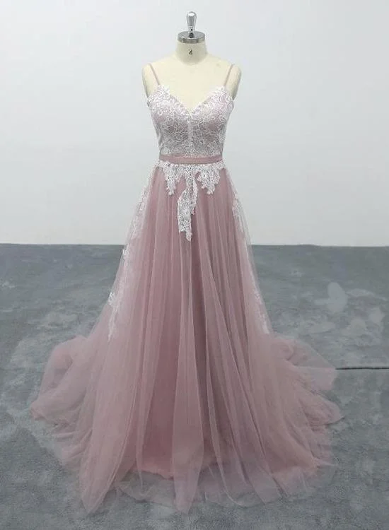 Pink Tulle V-Neck Spaghetti Straps Bridal Gown Prom Dress    cg21181