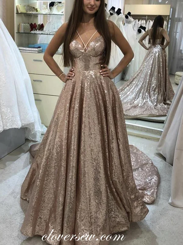 Sequin Spaghetti Strap Criss Cross A-line With Train Prom Dresses,CP0191