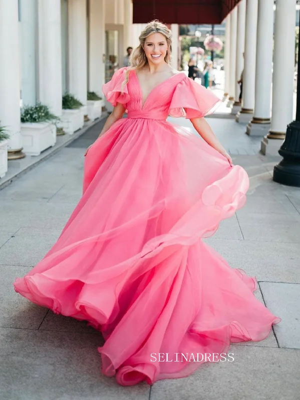 A-line V neck Elegant Pink Long Prom Dresses Cheap Evening Gowns Formal Dresses TKS002 A-line V neck Elegant Pink Long Prom Dresses Cheap Evening Gowns Formal Dresses TKS002