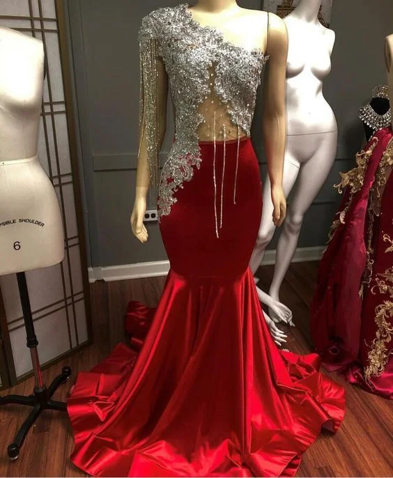 Luxury Red Satin Evening Dresses With Crystal Beaded One Shoulder Mermaid prom dress cg21146 Luxury Red Satin Evening Dresses With Crystal Beaded One Shoulder Mermaid prom dress cg21146