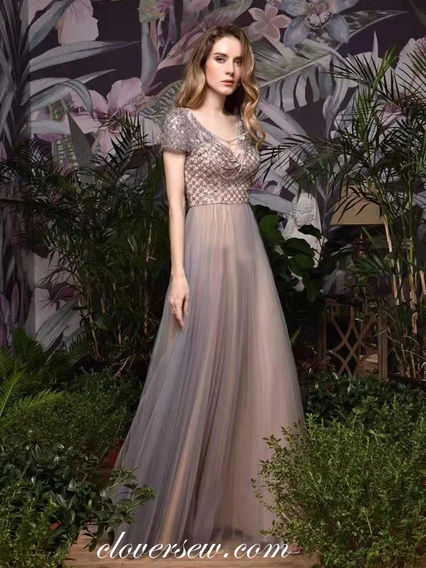 Dusty Bead Tassels Sequin Lace Tulle Short Sleeves A-line Prom Dresses, CP0183