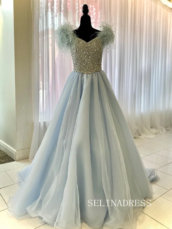 Chic V neck Dusty Blue Long Prom Dresses Beaded and Feather Long Evening Dress #TKL202