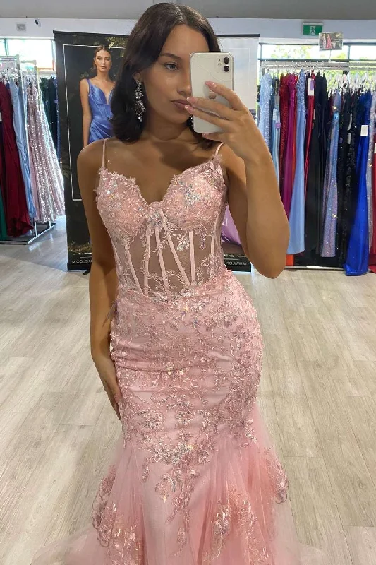 Pink Spaghetti Straps Lace Appliques Mermaid Long Prom Dress