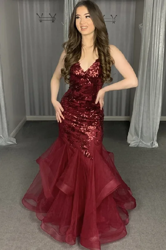 Burgundy tulle sequins long mermaid prom dress evening dress    cg21022
