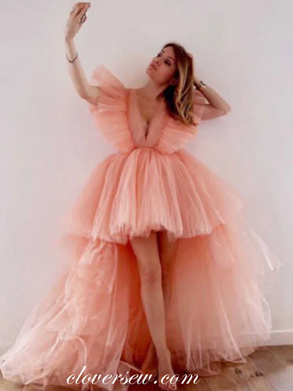 Peach Pleat Tulle V-neck High Low A-line Prom Dresses,CP0201