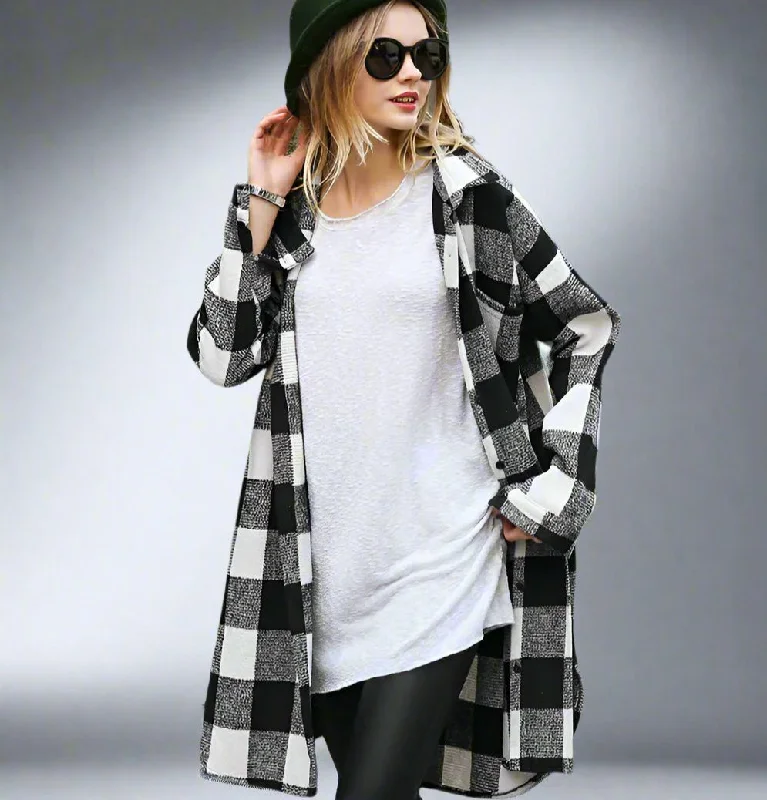 Women's Long Black or Red Plaid Button Up Shirt Fleece Fabric Down Fabric Feather Fabric Women's Long Black or Red Plaid Button Up Shirt Fleece Fabric Down Fabric Feather Fabric